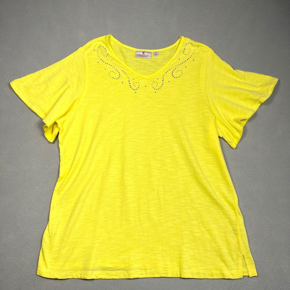 Quacker Factory Slub Knit Top Rhinestone V-Neck XL Flutter Sleeve Lightweight